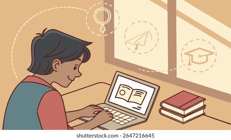 Estudante aprendendo on-line com laptop, rodeado por livros e símbolos de realização acadêmica. Conceito de e-learning, educação a distância e conhecimento.