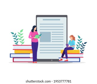 Estudiantes aprendiendo en línea. Gente sentada en grandes libros, Trabajando en pruebas, Escribiendo, Leyendo libros. Concepto de e-learning, Viendo cursos en línea sobre tableta, Formación, Estudiando en casa. Vector de estilo plano