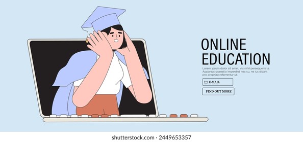 Student learning online remote in university or educational classes. Graduate character with gown and hat vector illustration. Self-development or training, seminar, webinar or online course concept.