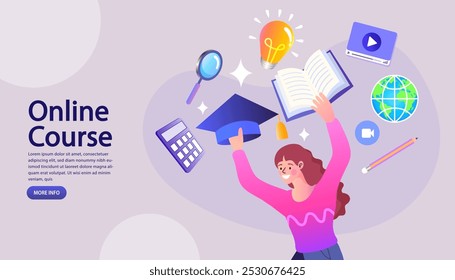 Student learning online. Self-development or training, seminar, webinar or online course. Student learning online remote in university or educational classes. Graduate character with hat. vector