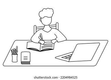 The student is learning online. Sketch. The boy sits at the table and writes in a notebook with a pen in front of a laptop. Nearby is a textbook and stationery. Vector illustration. Doodle style. 