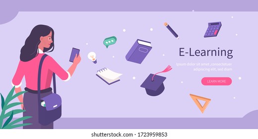 Student Learning Online at Smartphone. Character Looking at Mobile Phone and Studying. Online Education Concept. Flat Isometric Vector  Illustration.