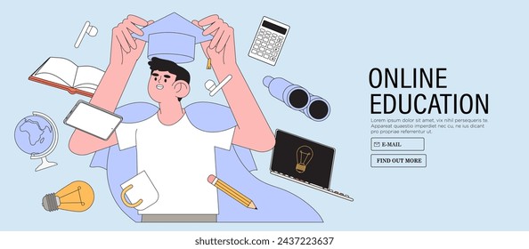 Student learning online in university or educational classes. Studying character with exercise books vector illustration. Self-development or training, seminar, back to school, online course concept.