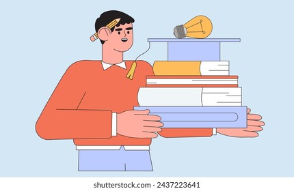 Student learning online in university or educational classes. Studying character with exercise books vector illustration. Self-development or training, seminar, back to school, online course concept.