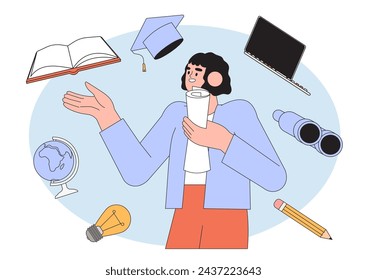 Student learning online in university or educational classes. Studying character with exercise books vector illustration. Self-development or training, seminar, back to school, online course concept.