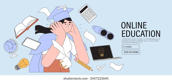 Student learning online in university or educational classes. Studying character with exercise books vector illustration. Self-development or training, seminar, back to school, online course concept.