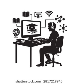 Student learning online via computer, headset on. Icons for education, wifi, and networking surround. Symbolizes modern remote study and digital learning.