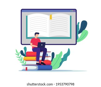 Schüler lernen online. Junge Mann, die auf großen Büchern saß, Testarbeiten, Schreiben, Lesen von Büchern. Studierende, die Online-Kurse anschauen, E-Learning, Online-Schulung, Studium zu Hause. Vektorgrafik im Flachstil