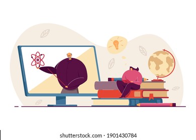 Student learning physics online, watching webinar, taking distance course. Person studying from home. Teacher giving video seminar on internet. For distance education, knowledge concept