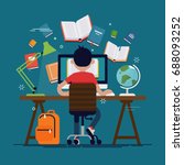 Student in learning process, back view. Kid sitting behind his desk studying online using his computer flat vector illustration with work table, school backpack, books globe, etc.