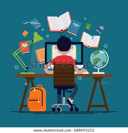 Student in learning process, back view. Kid sitting behind his desk studying online using his computer flat vector illustration with work table, school backpack, books globe, etc.