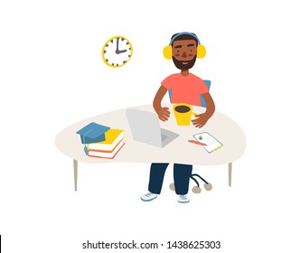 Student in learning process. Flat illustration of african-american man studying online at his workplace, using his laptop. Vector template with work table, books, lamp, etc