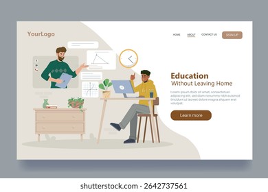 A student learning remotely via online class with a teacher on screen, modern flat graphic style, indoor background, concept of digital education. Vector illustration
