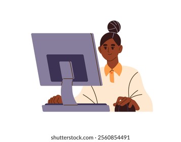 Student learning, studies online with computer. Black girl is on distance education. Teenager communicates, surfing Internet, social networks on the desk. Flat isolated vector illustration on white