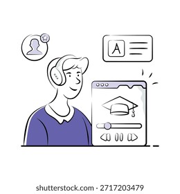 Student learning through digital online course platform, hand drawn illustration