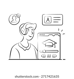 Aprendizaje del estudiante a través de la plataforma digital del curso en línea, ilustración dibujada a mano