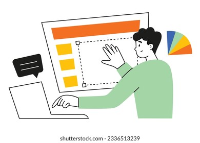 Student learning web design, digital professions online courses, hand drawn composition with website page and color pallette, web designer internet classes, distant education vector illustration