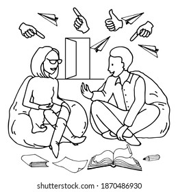 Student learning, working at home, school. Boy and girl sitting on seat bag and communication. Courses, tutorials, education, library, friendship. Linear hand drawing vector illustration.
