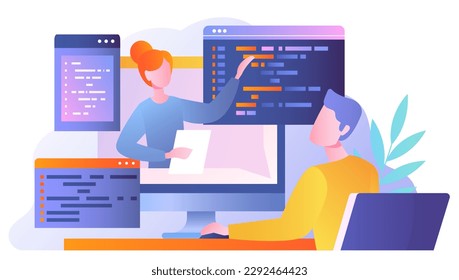 Student learning to write code. Man watches video tutorial on developing programs and applications, website. Webinar, distance education, learning and training. Cartoon flat vector illustration