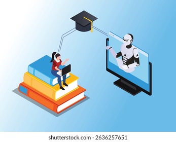 O aluno aprende com um tutor de robôs de IA em uma ilustração vetorial 3d isométrica por computador