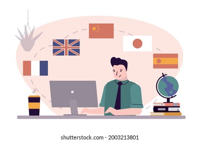 Student learns different international languages. Man sits at workplace and chooses language courses. Distance learning foreign language. Online education, e-learning. Trendy flat vector illustration