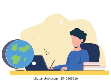 A student learns lessons at the table. The boy does his homework, online training