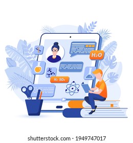 Student learns online scene. Boy studying chemistry or physics remotely, listens to teacher lecture. Online education, e-learning concept. Vector illustration of people characters in flat design