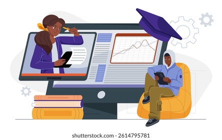 A student learns remotely using a tablet in front of a large screen showing a teacher, educational graphics, and books, on a white background. Concept of digital learning. Vector illustration