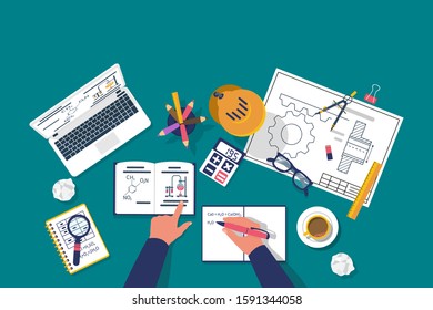 Student learns at the table. Concept distance education, e-learning, study process. Desk with objects of education: book, laptop, notebook, pen. Flat design vector illustration. Homework.