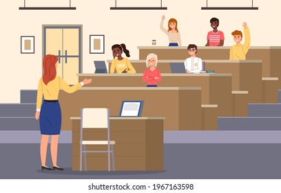 Student Lecture Hall. Conference Auditorium With Teacher And Young Learners, Listeners On Seminar, Professor Woman And Young People In University And College. Education Vector Concept