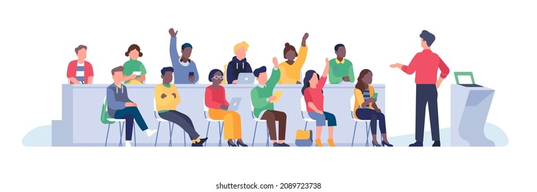 Student lecture hall. University auditorium with teacher back and students front view, course participants, higher education, young people in college vector cartoon flat