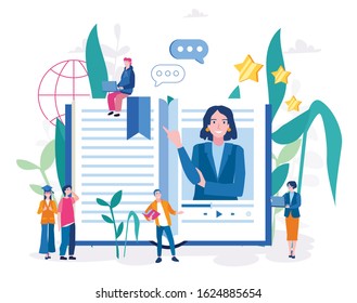 Student. Lecture Online. Distance Learning. Vector illustration for web banner, infographics, mobile Lesson Online. E-Learning. Online Training. Woman Teacher.