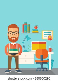 A student or lecturer standing carrying a stack of books inside his office. A Contemporary style with pastel palette, soft green tinted background. Vector flat design illustration. Vertical layout