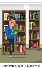 Student in library flat vector illustration. Smart college, university pupil holding textbook cartoon character. Young smiling teenager in glasses reading book, studying. Education, knowledge gaining