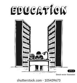 Student in the library. Hand drawn sketch illustration isolated on white background