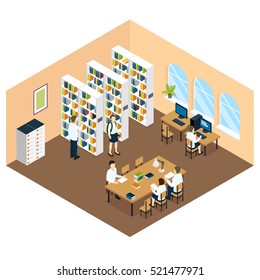 Student library isometric design with children bookcases and computers in beige room with arcged windows vector illustration