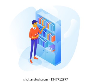 Student in library vector illustration. Smart pupil in glasses cartoon character. Nerd with book isolated clipart. Bookshelf isometric drawing. Young guy studying. Bookstore design element