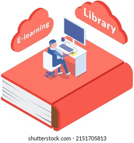 Student in library works with computer. Education, online training courses, distance education vector. Internet studying, online book, tutorials, e-learning. Reading for erudition and knowledge