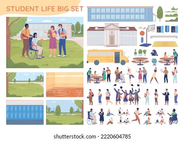 Student life 2D vector isolated illustrations big set. Flat characters, objects with cartoon backgrounds. Colourful editable constructor for web graphic design and animation. Quicksand font used