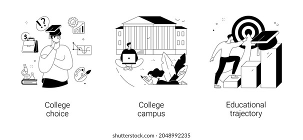 Student Life Abstract Concept Vector Illustration Set. College Choice, College Campus, Educational Trajectory, Assessment Test, Graduation, Campus Tour, University Events, Library Abstract Metaphor.