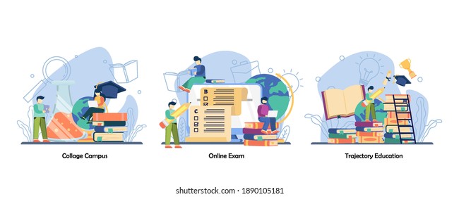 Student Life, Assessment Test, Graduation Icon Set. Collage Campus, Online Exam, Trajectory Education. Vector Flat Design Isolated Concept Metaphor Illustrations