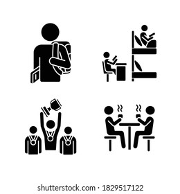 Student life black glyph icons set on white space. Campus life and activities. University living. Flatmates studying in dormitory room. Silhouette symbols. Vector isolated illustration