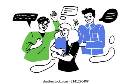 Student life concept. Cheerful girl and guys. Documents and preparation for lessons, homework and education. Students friends and stickers for social networks. Cartoon flat vector illustration