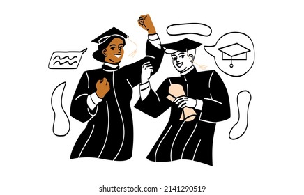 Student life concept. Guy and girl in graduate caps rejoice and smile. Students with certificates of education. Young professionals with documents, happy friends. Cartoon flat vector illustration