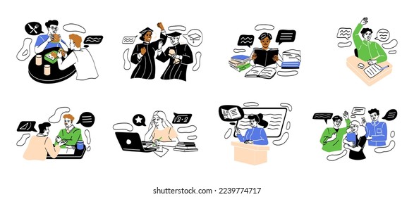 Student life concept. Set of young boys and girls attending lectures and seminars, reading books and preparing for exam. Teenagers communicate and celebrate graduation. Cartoon flat vector collection