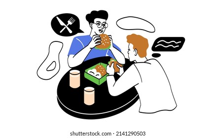 Student life concept. Two guys eating in cafe, friends eating burgers. Unhealthy, but delicious nutrition, fast food. Entertainment and relaxation after school. Cartoon flat vector illustration