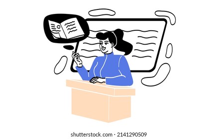 Student life concept. Young girl behind curbstone tells, student defends diploma. Information and lecture, homework, public speaking in classroom of university. Cartoon flat vector illustration