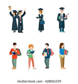 Student life creative vector icon set. Young college students graduate man in mantle with diploma certificate study woman in casual books backpack illustration on white background.