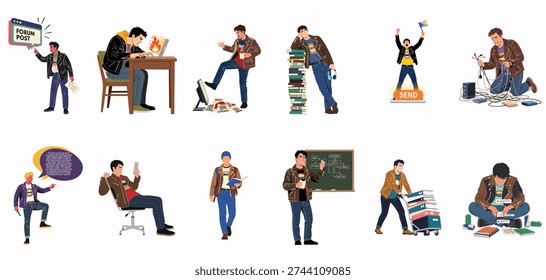Student Life Cycle: Illustrations of a Young Man Navigating Academic Challenges, Digital Stress, Learning, Online Interactions, and Moments of Frustration and Achievement.