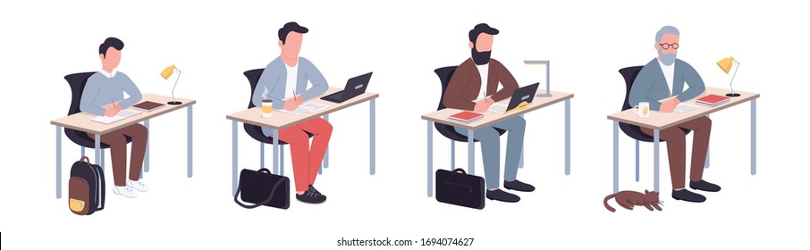 Student life flat color vector faceless characters set. Kid, teen, adult guy and old man sitting at desks isolated cartoon illustrations on white background. Pupils, school teacher and old professor